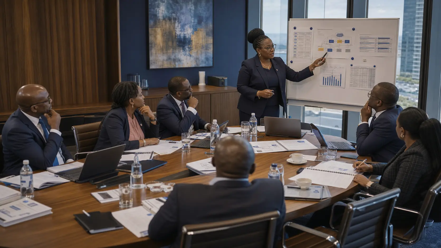 Compliance leaders reviewing an institutional programme framework in a workshop