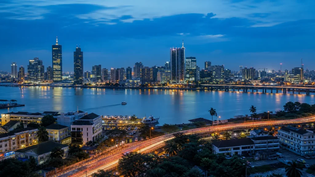 Lagos waterfront skyline at dusk